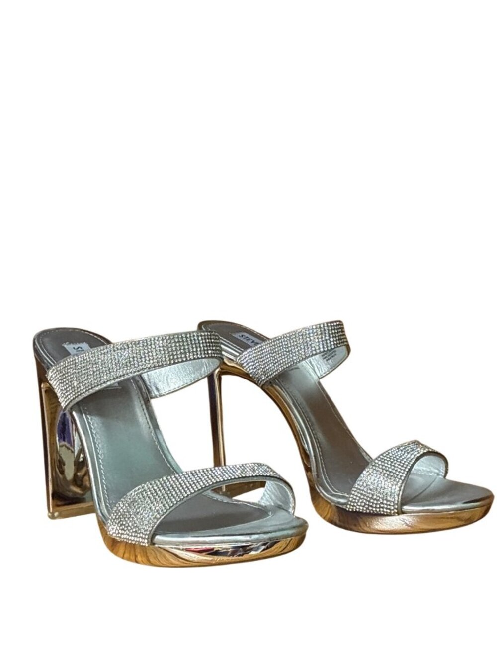 Steve Madden Glassy-R Rhinestone Silver Geometric Heeled Sandal Dressy Sparkle 9